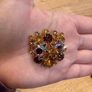 Vintage Gold Tone Austria Stamped Brown & Yellow Orange Glass Rhinestone Brooch